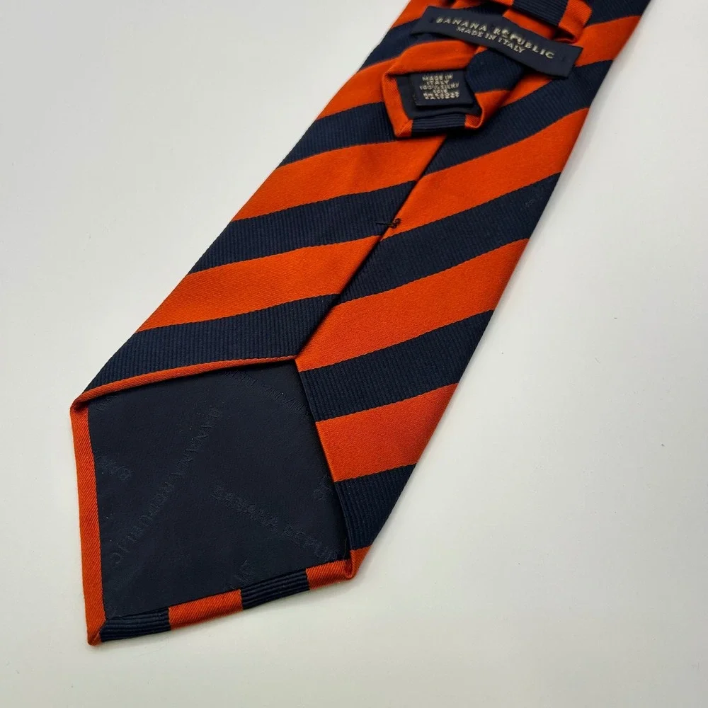 Banana Republic Mens Silk Tie Orange Navy Blue Repp Stripe Made in Italy Classic